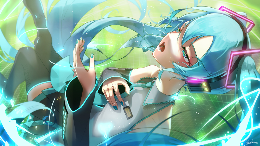 1girl 3d_background absurdres aqua_eyes aqua_hair bare_shoulders blue_nails detached_sleeves dress_shirt hair_ornament hand_on_own_chest hatsune_miku headphones highres long_hair miku_day music necktie open_mouth shirt singing skirt solo thighhighs twintails very_long_hair vocaloid yurakusai