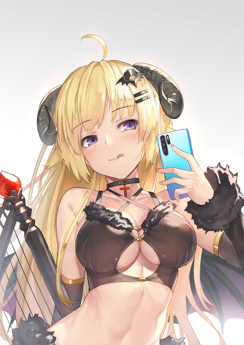 1girl :q ahoge alternate_costume bad_id bad_pixiv_id bare_shoulders black_choker black_shirt blonde_hair breasts choker cleavage cleavage_cutout closed_mouth clothing_cutout crop_top cross demon_wings detached_sleeves fur_trim gradient_background grey_background hair_ornament hairclip hand_up harp highres holding holding_phone hololive horns instrument large_breasts long_hair looking_away midriff musyne_xsk navel phone purple_eyes revealing_clothes selfie sheep_horns shirt smile solo stomach tongue tongue_out tsunomaki_watame upper_body virtual_youtuber wings