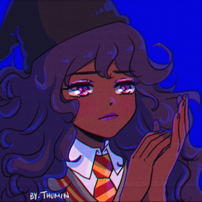 1girl artist_name artist_self-insert black_hat blue_background chromatic_aberration closed_mouth collared_shirt commentary curly_hair dark_skin english_commentary eyeshadow film_grain frown grey_sweater hands_up harry_potter_(series) hat highres looking_ahead makeup nail_polish necktie original own_hands_together pink_eyes pink_eyeshadow portrait purple_hair purple_lips purple_nails red_necktie retro_artstyle serious shirt simple_background solo sweater thuminnnoo two-tone_necktie very_dark_skin white_shirt wizard_hat wizarding_world yellow_necktie