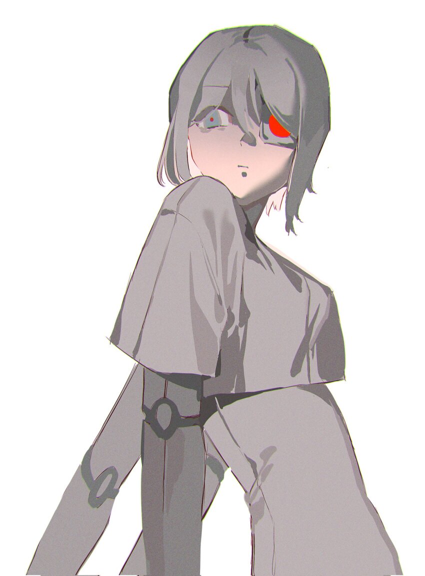 1girl artificial_eye blue_eyes capelet closed_mouth dress extra_arms faust_(project_moon) highres limbus_company mechanical_arms mechanical_eye multicrack_office_(identity)_(project_moon) project_moon short_hair simple_background solo upper_body white_background white_capelet white_dress white_hair yongsadragon