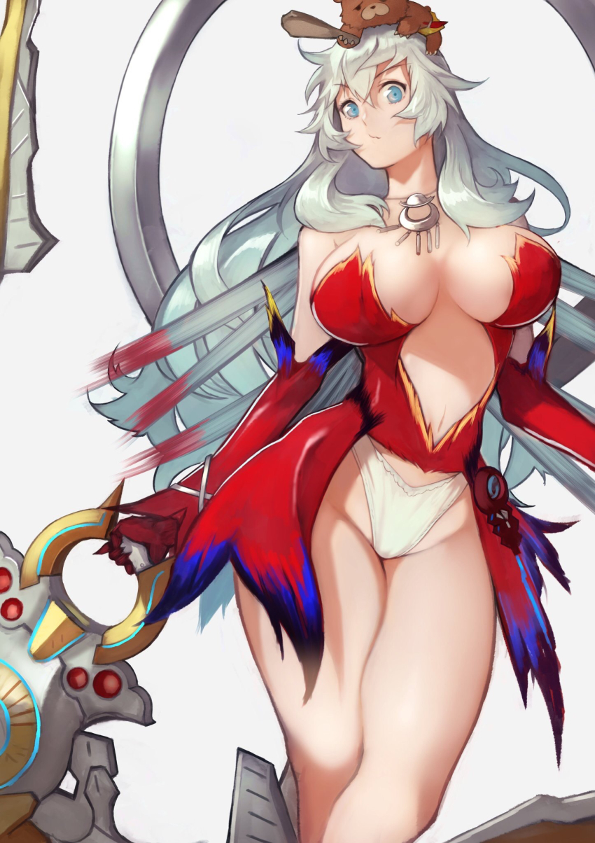 1girl artemis_(fate) artemis_(third_ascension)_(fate) bare_shoulders blue_eyes bow_(weapon) breasts cleavage closed_mouth dress fate/grand_order fate_(series) hair_between_eyes highleg highleg_panties highres hip_focus jewelry large_breasts long_hair looking_at_viewer navel necklace orion_(bear)_(fate) panties red_dress short_dress sidelocks simple_background stuffed_animal stuffed_toy teddy_bear thighs underwear weapon white_background white_hair white_panties yoshio_(55level)