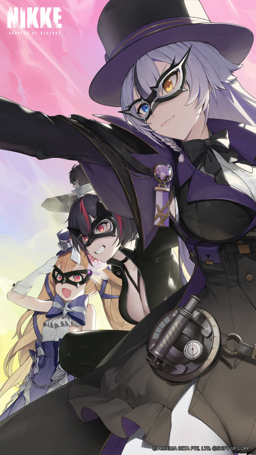 1boy 3girls artist_request black_hair blue_eyes bow breasts brown_hair cape cleavage closed_mouth commander_(nikke) commentary cropped dress elbow_gloves english_commentary eye_mask gloves goddess_of_victory:_nikke grey_hair hat heterochromia highres large_breasts long_sleeves miranda_(nikke) miranda_(thief_of_justice)_(nikke) miranda_(thief_of_justice_)_(nikke) multicolored_hair multiple_girls official_art phantom_(nikke) pink_eyes pink_hair purple_bow purple_dress quency_(escape_queen)_(nikke) quency_(nikke) second-party_source short_hair smile standing teeth top_hat white_gloves yellow_eyes