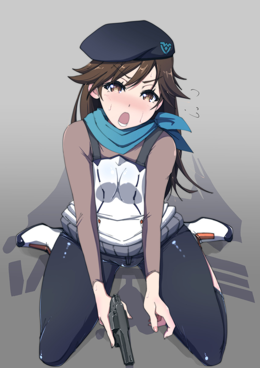 1girl absurdres apron artist_request blue_neckerchief breasts brown_eyes brown_hair evangelion:_3.0+1.0_thrice_upon_a_time fingernails gun hat highres holding holding_gun holding_weapon long_hair mecha_pilot_suit medium_breasts neckerchief neon_genesis_evangelion open_mouth plugsuit_(evangelion) rebuild_of_evangelion sitting small_breasts solo suzuhara_sakura weapon