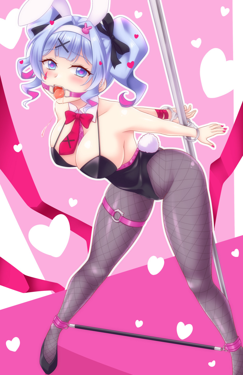 1girl absurdres animal_ears arms_behind_back bare_shoulders bent_over black_leotard blue_eyes blue_hair blush breasts cleavage cuffs drooling fishnet_pantyhose fishnets full_body hair_between_eyes hair_ornament hairband handcuffs hatsune_miku heart heart-shaped_pupils heart_background heart_hair_ornament high_heels highres large_breasts leaning_forward legs_apart leotard medium_breasts medium_hair multicolored_hair nail_polish necktie pantyhose pink_hair pink_nails pink_necktie pole rabbit_ears rabbit_hole_(vocaloid) rabbit_tail restrained short_necktie solo spread_legs standing streaked_hair stripper_pole symbol-shaped_pupils tail thighs twintails two-tone_hair utomo vocaloid white_hairband x_hair_ornament
