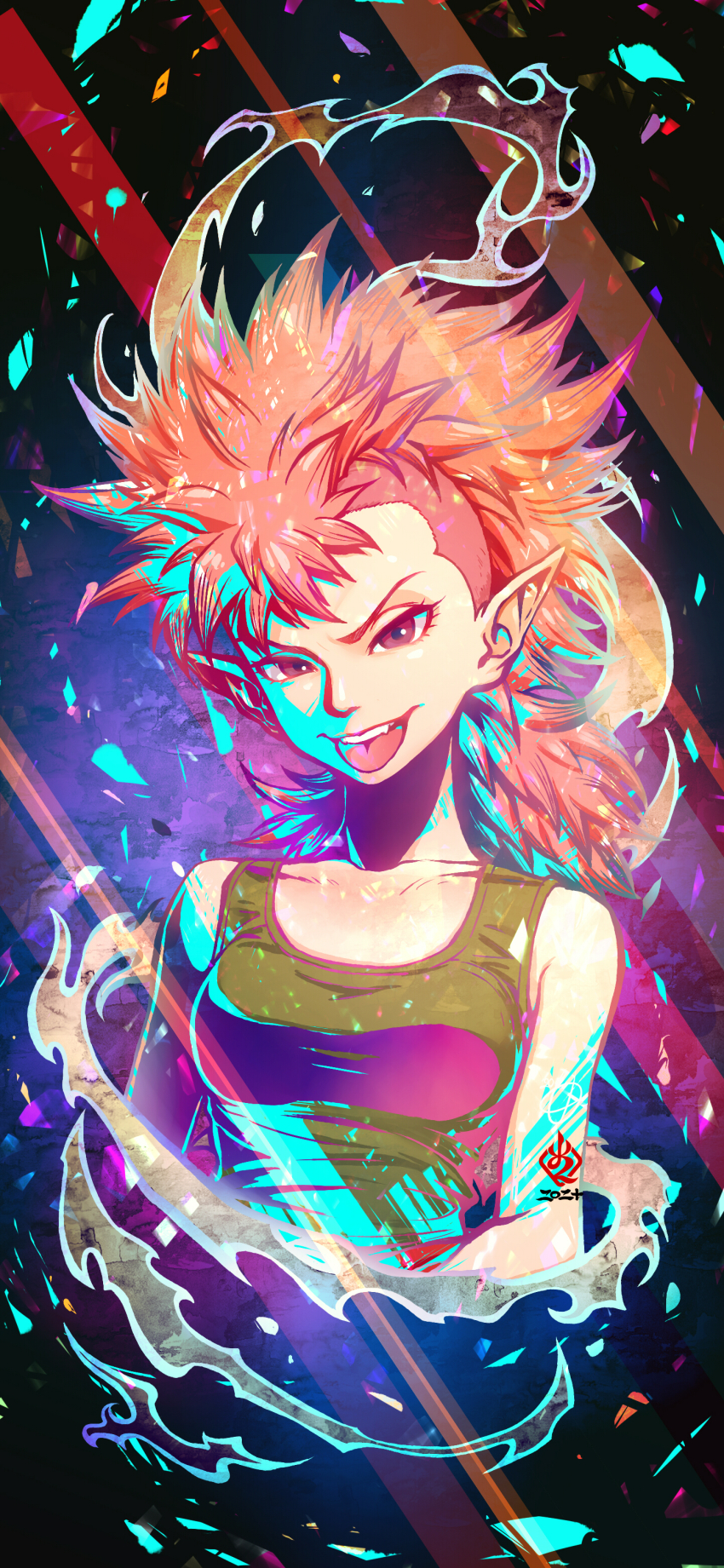 1girl absurdres bare_shoulders black_eyes breasts commentary_request dragon_ball dragon_ball_super green_tank_top highres kanchiyo medium_breasts miza_(dragon_ball) mohawk orange_hair pointy_ears signature solo tank_top teeth tongue tongue_out upper_body upper_teeth_only v-shaped_eyebrows
