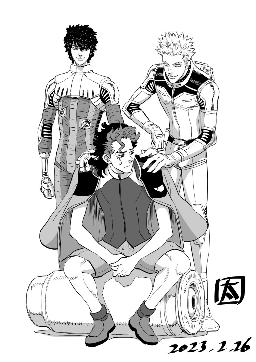3boys backpack bag daryl_lorenz dated guel_jeturk gundam gundam_suisei_no_majo gundam_thunderbolt hair_over_one_eye hand_on_another&#039;s_shoulder highres in-franchise_crossover io_fleming jacket japanese_text mecha_pilot_suit mole mole_under_eye monochrome multicolored_hair multiple_boys normal_suit_(gundam) ohtagaki_yasuo pilot_suit prosthesis prosthetic_arm shell_casing signature simple_background sitting smile teardrop two-tone_hair wavy_mouth white_background