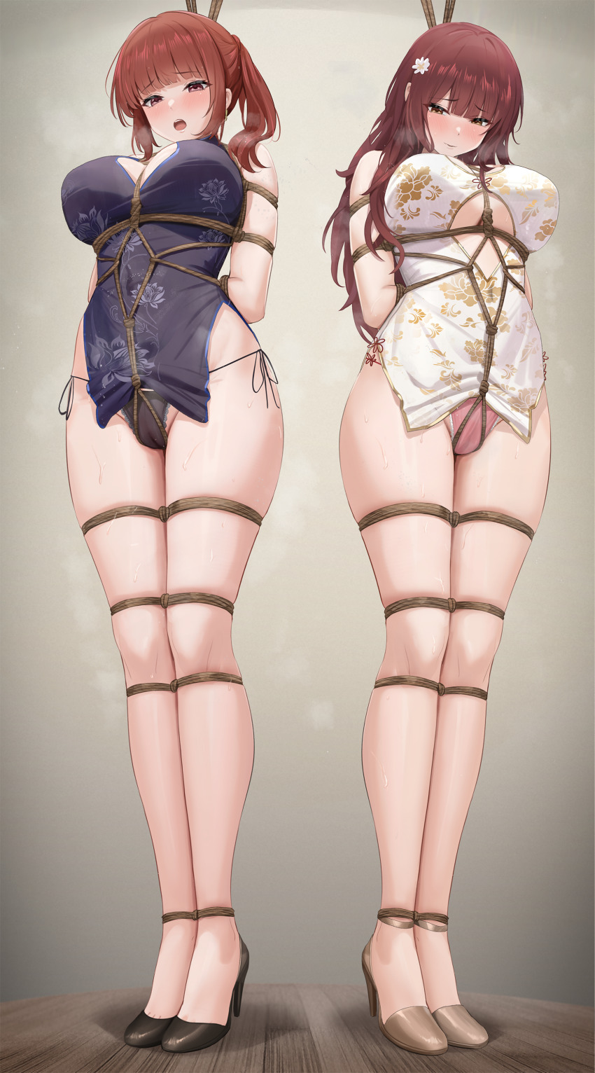 2girls absurdres arms_behind_back bdsm between_breasts black_panties blunt_bangs blush bondage border bound bound_ankles bound_arms bound_breasts bound_legs bound_torso bound_wrists breast_bondage breasts brown_hair cbmus china_dress chinese_clothes cleavage cleft_of_venus clothes_lift clothing_cutout copyright_request crotch_rope dress dress_lift embarrassed fading_border female_focus floral_print floral_print_dress flower flower_on_head frilled_panties frills full_body hair_between_eyes hair_flower hair_ornament high_heels highres lace lace-trimmed_panties lace_trim large_breasts legs_together long_hair long_legs looking_ahead looking_down looking_to_the_side multiple_girls open_mouth original panties pelvic_curtain pink_panties print_dress red_hair restrained revealing_clothes rope see-through_clothes see-through_panties shibari shibari_over_clothes shoes side-tie_panties side_slit sidelocks skindentation string_panties sweat sweatdrop swept_bangs thighs twintails underboob underboob_cutout underwear very_long_hair wooden_floor