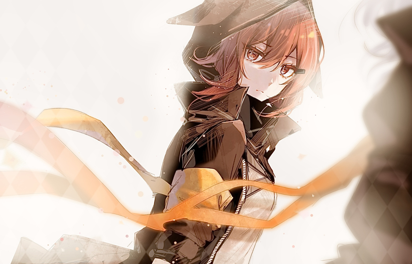 1girl arknights black_jacket closed_mouth crownslayer_(arknights) from_side grey_background grey_shirt hair_between_eyes highres hood hood_up hooded_jacket jacket long_hair looking_at_viewer open_clothes open_jacket orange_hair red_eyes shadow71580825 shirt solo