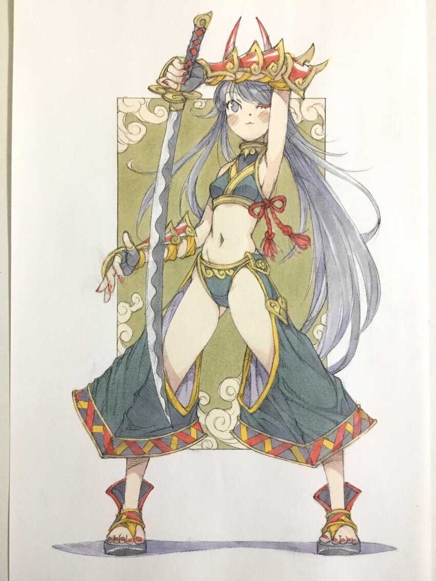 1girl arm_above_head arm_guards arm_up black_eyes black_gloves black_hair black_panties black_shirt breasts chaps closed_mouth commentary crop_top fingerless_gloves full_body gloves gluteal_fold highres holding holding_sword holding_weapon horns japanese_clothes katana legs_apart long_hair looking_at_viewer nail_polish navel one_eye_closed original panties peter_salt ponytail red_nails samurai sandals shirt sleeveless sleeveless_shirt small_breasts solo standing sword tassel toenail_polish toenails traditional_media underwear very_long_hair weapon