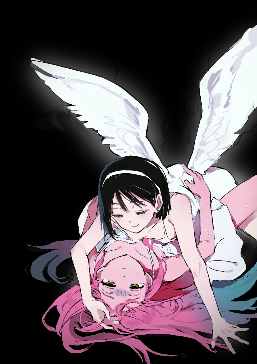 2girls alien_stage black_background black_hair blue_hair chinese_commentary closed_eyes closed_mouth commentary_request dress hair_spread_out hand_in_another&#039;s_hair highres long_hair lying mizi_(alien_stage) multiple_girls on_back pink_hair short_hair sleeveless sleeveless_dress smile sua_(alien_stage) white_dress white_wings wings yellow_eyes yuan_(yuan655182)