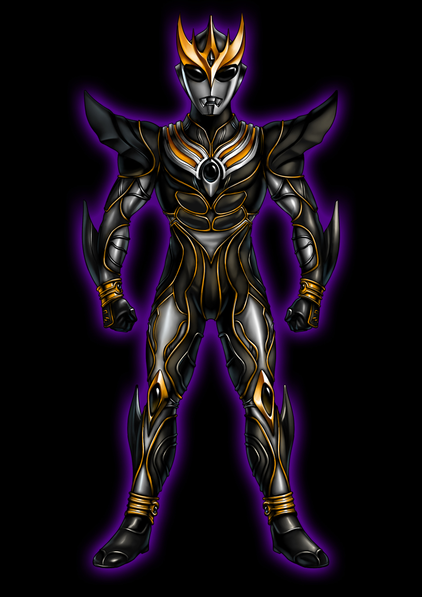 1boy abs absurdres alien alternate_design armor aura black_armor black_background black_eyes black_gauntlets black_gemstone black_skin breastplate clenched_hands color_timer colored_skin commentary compound_eyes crossover dorsal_fin forehead_jewel full_body fusion gauntlets gold_horns gold_trim highres horns kamen_rider kamen_rider_kuuga kamen_rider_kuuga_(series) kamen_rider_kuuga_(ultimate_form) knee_pads legs_apart looking_at_viewer male_focus multicolored_skin muscular muscular_male neofrontier outline pectorals purple_aura shoulder_armor shoulder_pads silver_skin simple_background solo spikes stag_beetle standing tokusatsu trait_connection ultra_series ultraman_tiga ultraman_tiga_(series) ultraman_tiga_(tiga_dark)