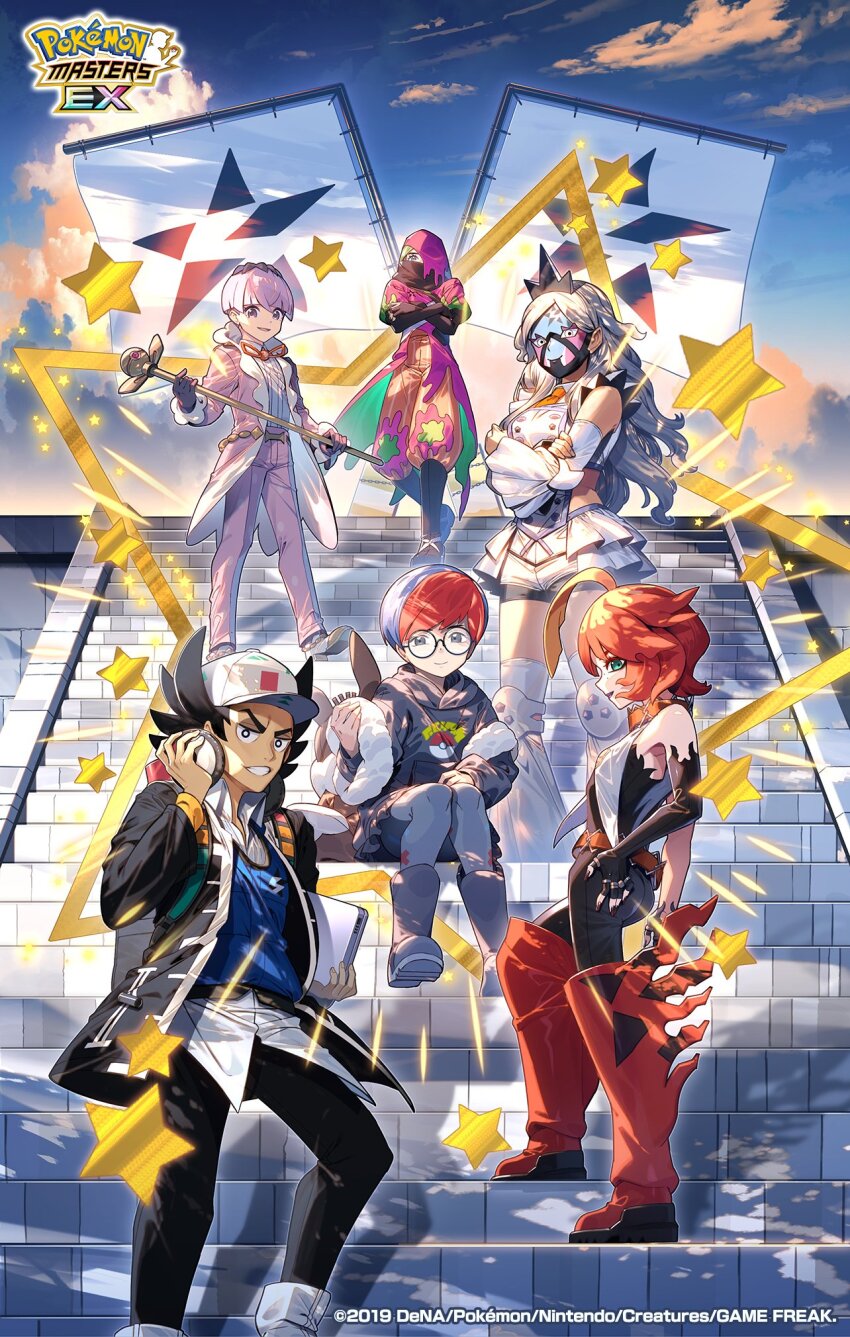 3boys 3girls ahoge atticus_(pokemon) backpack bag bare_shoulders baseball_cap belt black_eyes black_gloves black_hair blonde_hair blue_eyes blue_hair bodysuit boots breasts bright_pupils closed_mouth coat collar collared_shirt computer detached_collar detached_sleeves eevee_backpack eri_(pokemon) eyelashes facepaint fingerless_gloves freckles giacomo_(pokemon) glasses gloves green_eyes grey_eyes grey_hair hat headphones highres holding holding_laptop hood hoodie jacket laptop long_hair long_sleeves looking_at_viewer mela_(pokemon) multicolored_hair multiple_boys multiple_girls neck_ribbon necktie nintendo official_art open_clothes open_jacket open_mouth orange_collar ortega_(pokemon) pants pantyhose penny_(pokemon) pink_hair pointy_hair pokemon pokemon_masters_ex purple_eyes red_hair ribbon round_eyewear shirt short_hair shorts smile team_star teeth two-tone_hair vest white_pupils white_shirt