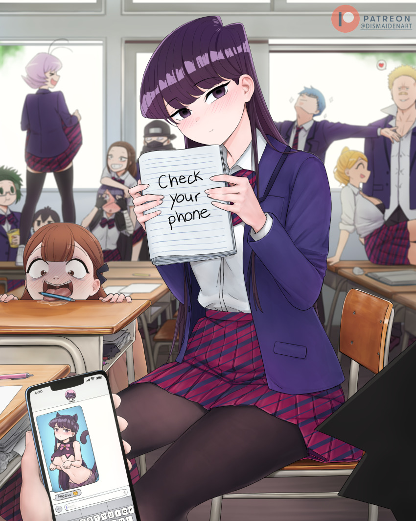 1other 5boys 6+girls absurdres agari_himiko animal_ears bandaid bandaid_on_face bandaid_on_nose black_hair black_jacket black_pantyhose blazer blonde_hair blue_hair blush bow brown_eyes brown_hair cat_ears cat_tail cellphone cellphone_photo chair classroom clothes_lift collared_shirt commentary desk diagonal-striped_bow diagonal-striped_clothes diagonal-striped_skirt dismaiden english_commentary english_text flashing glasses green_hair gyaru heart highres holding holding_notebook implied_pantyshot indoors itan_private_high_school_uniform jacket juxtaposition katai_makoto kometani_chushaku komi-san_wa_komyushou_desu komi_shouko lifting_own_clothes looking_at_viewer manbagi_rumiko multiple_boys multiple_girls nakanaka_omoharu naruse_shisuto notebook on_chair on_desk onemine_nene osana_najimi_(komi-san_wa_komyushou_desu) pantyhose patreon_logo patreon_username pen phone pov pov_hands purple_eyes purple_hair revealing_clothes saliva school_chair school_desk school_uniform shinobino_mono shirt sitting skirt skirt_lift smartphone spoken_heart striped_clothes tadano_hitohito tail tongue tongue_out white_shirt window yamai_ren