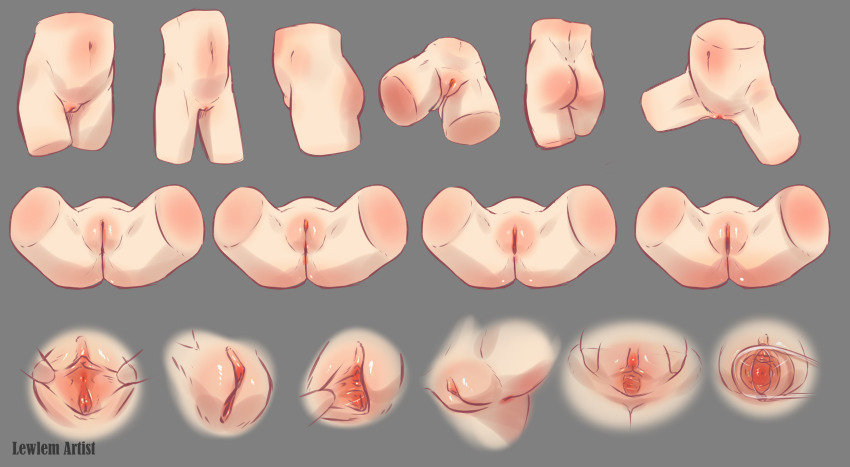 1girl absurdres anatomy anus artist_name ass cervix reference_sheet cleft_of_venus close-up dimples_of_venus disembodied_torso from_above from_behind from_below from_side full_cleft gluteal_fold grey_background groin highres lewlem loli multiple_views original pussy simple_background speculum spread_legs spread_pussy thighs urethra