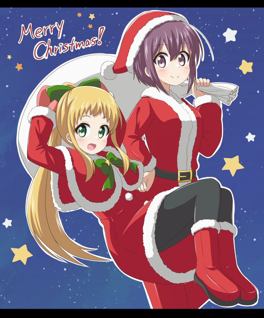 ! 2girls absurdres belt black_pantyhose blonde_hair blush boots christmas closed_mouth dot_nose endou_yuki female_focus full_body green_eyes hair_between_eyes hat highres holding inose_mai koisuru_asteroid long_hair long_sleeves looking_at_viewer merry_christmas multiple_girls nanog_eb1994 night night_sky open_mouth pantyhose pom_pom_(clothes) ponytail purple_hair santa_boots santa_costume santa_hat santa_sack sky star_(sky) star_(symbol)