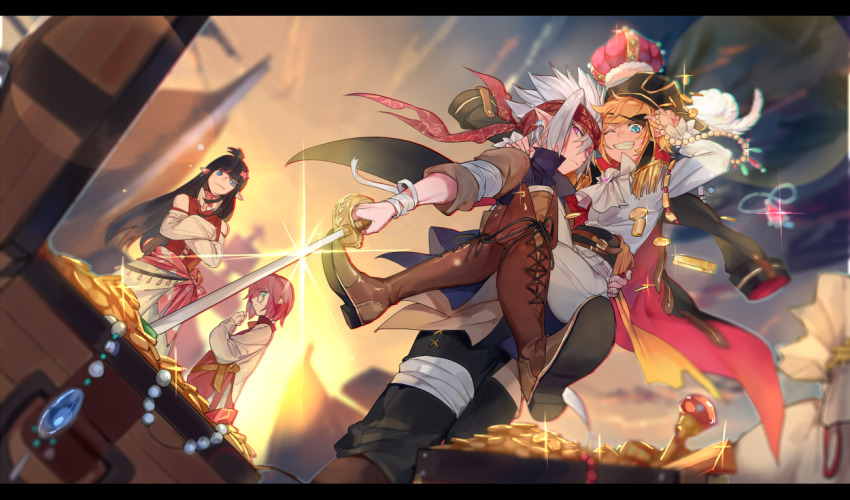 1girl 3boys alternate_costume aotu_world bandages bandana bird black_hair blonde_hair blue_eyes blurry bokyo boots carrying coat coin crossed_arms crown detached_sleeves dress epaulettes gem gold grey_(aotu_world) grin hat headband holding holding_sword holding_weapon jewelry kaili_(aotu_world) king_(aotu_world) knee_boots letterboxed long_hair multiple_boys necklace one_eye_closed pants phantom.s pirate pirate_hat purple_eyes red_hair ship short_hair sky smile sunset sword treasure_chest watercraft weapon white_hair yaoi