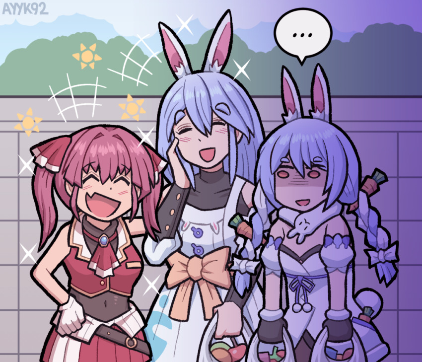 +++ ... 3girls ^_^ animal_ear_fluff animal_ears arm_up artist_name ayyk92 bag blush bow braid carrot carrot_hair_ornament closed_eyes commentary day dress english_commentary fang food-themed_hair_ornament hair_between_eyes hair_bow hair_ornament hand_on_own_cheek hand_on_own_face hand_on_own_hip hand_up height_difference hololive houshou_marine houshou_marine_(1st_costume) laughing long_hair looking_at_another low-tied_long_hair mature_female mother_and_daughter multicolored_hair multiple_girls open_mouth orange_eyes outdoors pekomama rabbit_ears rabbit_girl rabbit_tail scarf shaded_face shopping_bag short_eyebrows skin_fang skirt skirt_set smile spoken_ellipsis strapless strapless_dress tail twin_braids two-tone_hair two_side_up usada_pekora usada_pekora_(1st_costume) very_long_hair vest virtual_youtuber white_hair