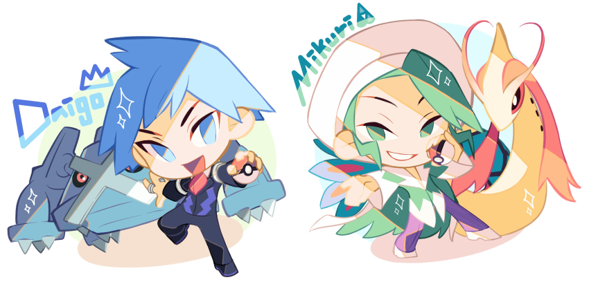 2boys :d absurdres blue_eyes blue_hair character_name chibi commentary_request gen_3_pokemon green_eyes green_hair green_shirt grin hat highres holding holding_poke_ball jacket jewelry kado_51 legs_apart long_sleeves male_focus metagross milotic multiple_boys nintendo no_pupils open_mouth pants poke_ball poke_ball_(basic) pokemon pokemon_(creature) pokemon_rse purple_pants ring shirt shoes short_hair smile sparkle steven_stone teeth tongue wallace_(pokemon) white_footwear white_hat