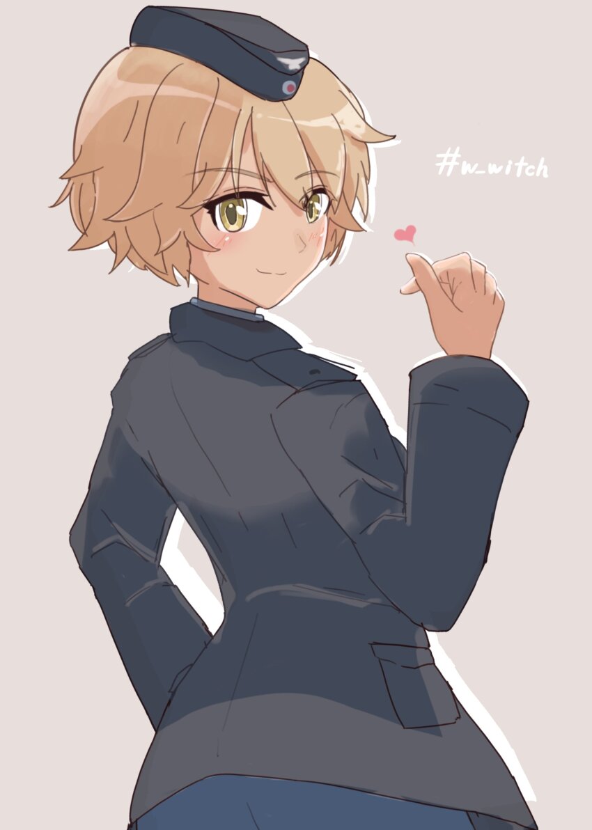 1girl absurdres back black_jacket blonde_hair blush brave_witches brown_eyes dark-skinned_female dark_skin hat heart highres jacket looking_at_viewer looking_back military military_hat military_uniform simple_background smile solo standing waltrud_krupinski world_witches_series zeck