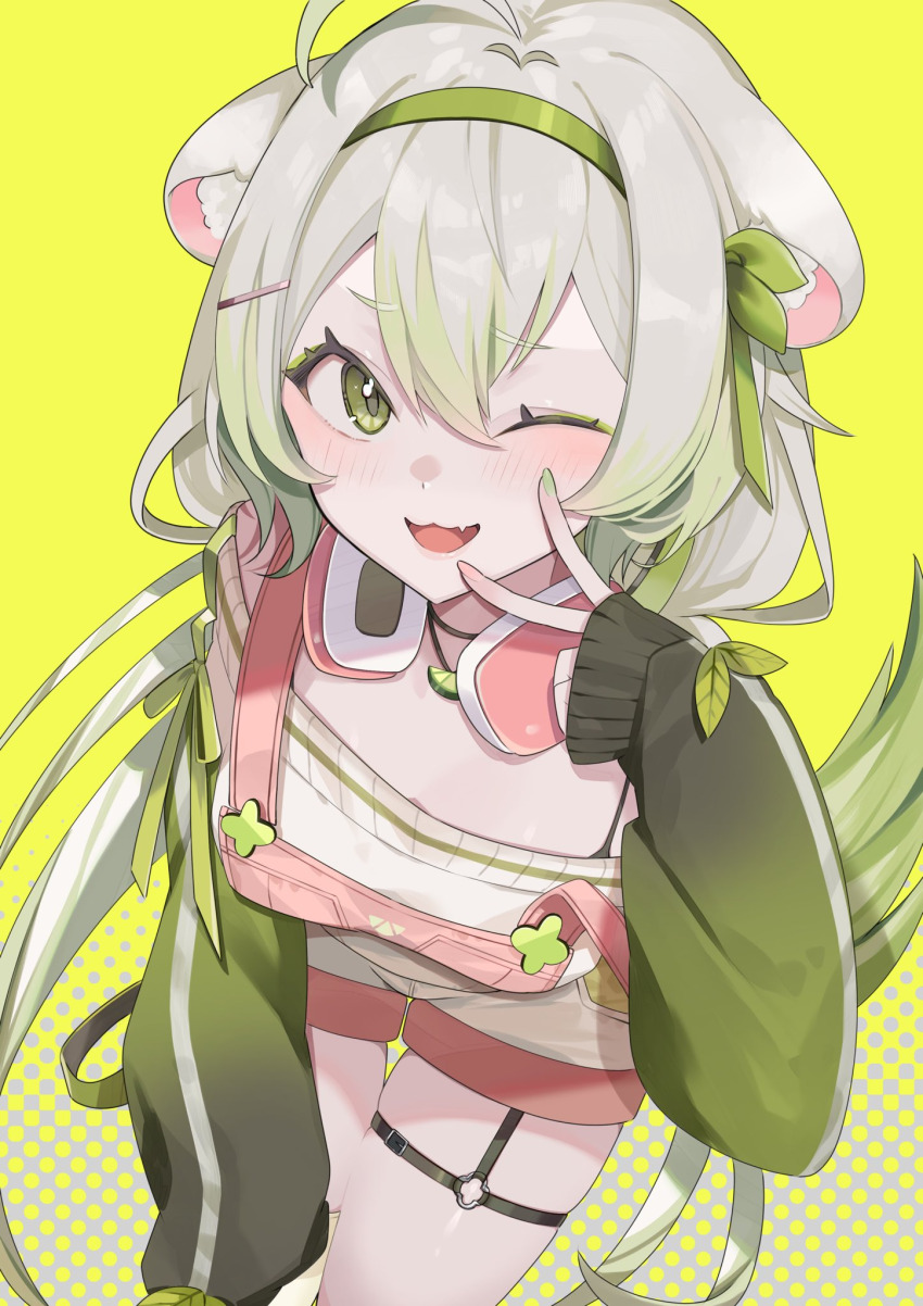 1girl ahoge animal_ears bare_shoulders ben-day_dots blush bra_strap breasts fang ferret ferret_ears ferret_girl ferret_tail food fruit gradient_hair gradient_tail green_eyes green_hair green_nails green_sweater green_tail hair_between_eyes hairband highres indie_virtual_youtuber jewelry laimu_(vtuber) laimu_(vtuber)_(cozy) leaf lime_(fruit) lime_slice long_hair looking_at_viewer may_nakasaki medium_breasts multicolored_hair multicolored_tail necklace o-ring o-ring_thigh_strap one_eye_closed overalls pink_nails pink_overalls ribbon screentones short_shorts shorts simple_background skin_fang skindentation sleeves_past_wrists sweater tail thigh_strap thighhighs twintails two-tone_hair two-tone_tail vinesauce virtual_youtuber white_hair white_sweater white_tail