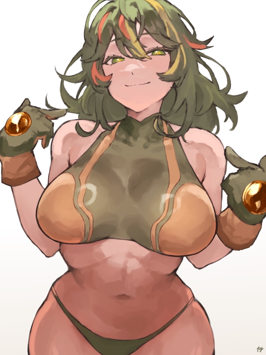 1girl armpit_crease artist_name bare_arms bare_shoulders blonde_hair boku_no_hero_academia breasts closed_mouth commentary_request cowboy_shot crop_top fukuya_art gloves gradient_background green_eyes green_gloves green_hair green_panties green_shirt grey_background hagakure_toru hair_between_eyes half-closed_eyes halter_shirt halterneck hands_up highres large_breasts long_hair looking_at_viewer multicolored_hair navel official_alternate_costume orange_hair panties pointing pointing_at_self shirt sleeveless sleeveless_shirt smile solo standing stomach streaked_hair two-tone_gloves two-tone_shirt underwear unusually_visible wavy_hair white_background yellow_gloves yellow_shirt
