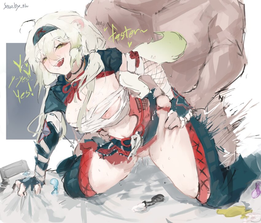 1boy 1girl ahoge animal_ears areola_slip armor artist_name bandaged_arm bandaged_chest bandages breasts clothed_female_nude_male condom cum ejaculation english_text female_ejaculation ferret_ears ferret_girl ferret_tail fishnet_gloves fishnets gloves gradient_hair gradient_tail green_eyes green_hair green_tail guided_thigh_grab hair_between_eyes hairband heart highres internal_cumshot laimu_(vtuber) laimu_(vtuber)_(huntress) monster_hunter_(character) monster_hunter_(series) motion_blur motion_lines multicolored_hair multicolored_tail nargacuga_(armor) nipple_slip nipples nude scale_armor sex sex_from_behind signature snuzby sweat tail thigh_grab thighhighs torogao twintails two-tone_hair two-tone_tail used_condom vinesauce virtual_youtuber white_hair white_tail