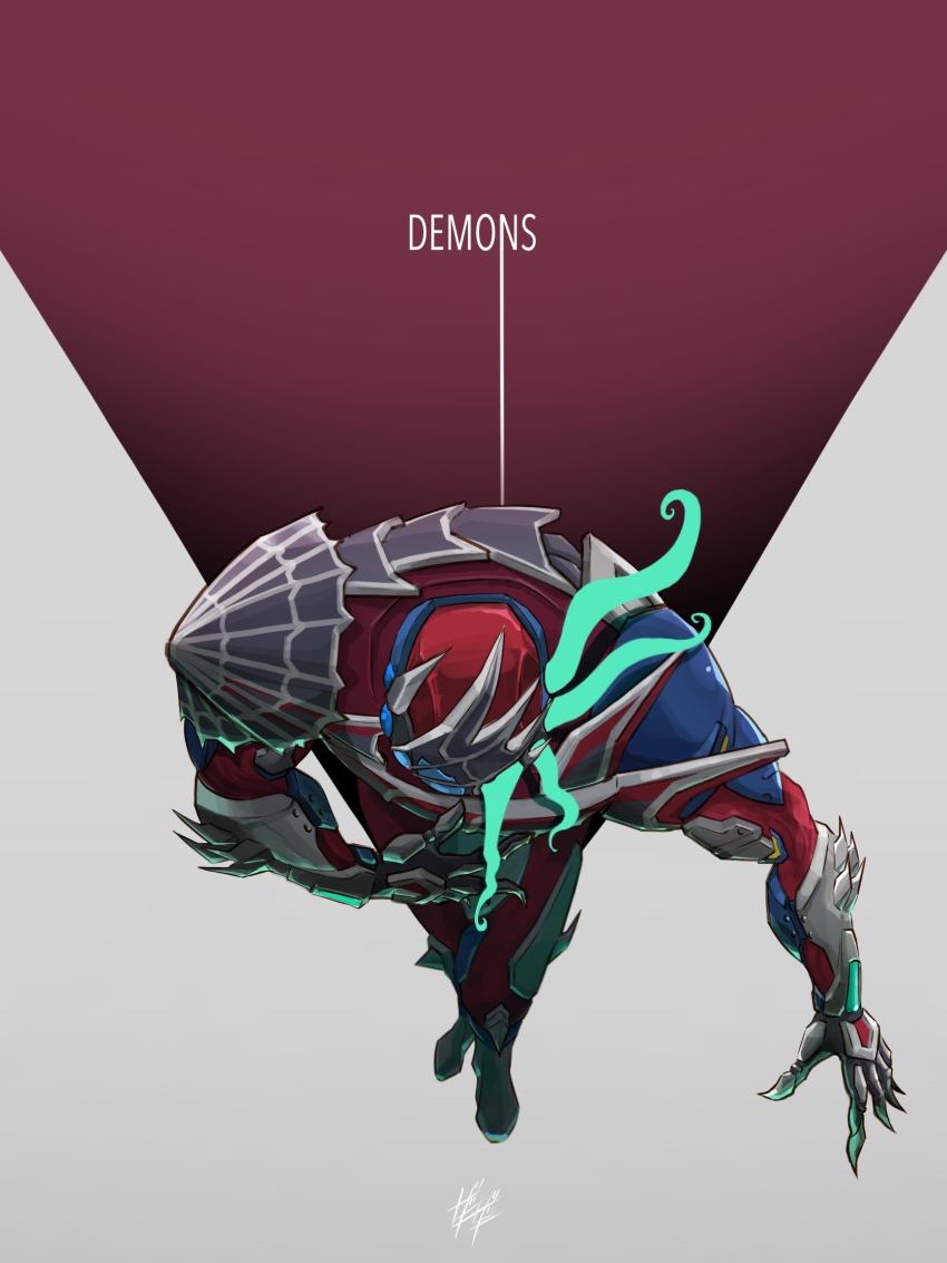 1boy armor asymmetrical_armor blue_armor bowing character_name giant_squid giant_squid_genome highres kamen_rider kamen_rider_demons kamen_rider_revice magenta_background male_focus open_hand pink_background silk spider_web spider_web_print tentacles two-tone_background white_background zagizagi