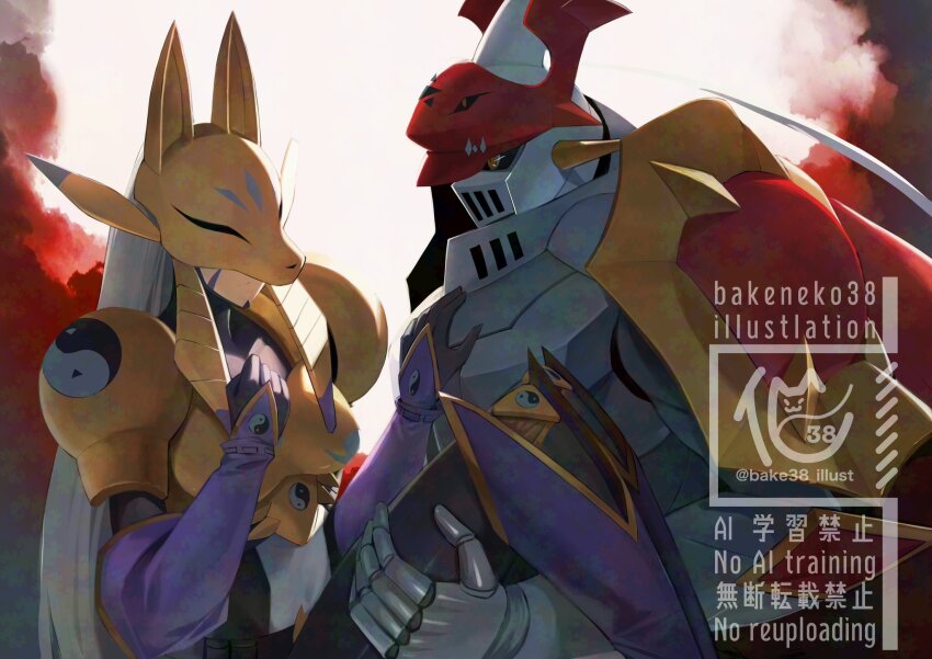 1boy 1girl armor bakeneko38 black_bodysuit bodysuit carrying commission covered_eyes digimon digimon_(creature) dukemon facial_mark fox_mask gold_armor grey_hair helmet highres long_hair mask princess_carry sakuyamon skeb_commission upper_body watermark white_armor white_helmet yellow_eyes yellow_mask