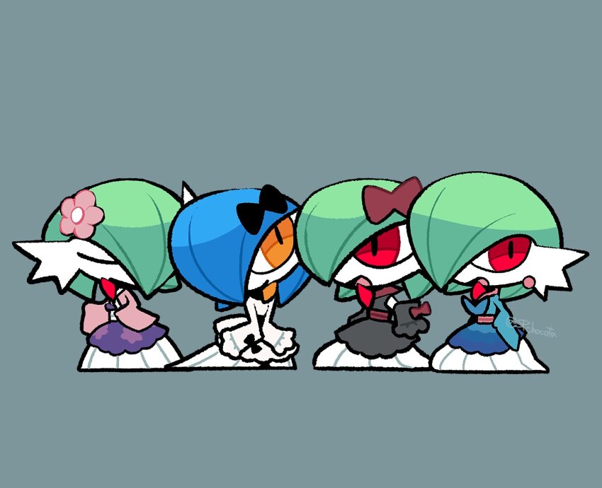 4girls arms_at_sides artist_name black_bow black_kimono black_sleeves blue_hair blue_kimono bob_cut bow chibi chibi_only chocota_(spchocota) closed_eyes closed_mouth clothed_pokemon colored_skin cosplay detached_sleeves earrings female_focus flat_chest flower full_body furisode_girl_blossom furisode_girl_blossom_(cosplay) furisode_girl_kali furisode_girl_kali_(cosplay) furisode_girl_katherine furisode_girl_katherine_(cosplay) furisode_girl_linnea furisode_girl_linnea_(cosplay) gardevoir gen_3_pokemon green_hair grey_background hair_bow hair_flower hair_ornament hair_over_one_eye hands_up happy japanese_clothes jewelry kimono long_sleeves looking_to_the_side multiple_girls nintendo obi one_eye_covered open_mouth orange_eyes own_hands_together pink_flower pink_kimono pokemon pokemon_(creature) pokemon_xy purple_skirt red_bow red_eyes sash short_hair signature simple_background skirt sleeveless sleeveless_kimono sleeves_past_fingers sleeves_past_wrists smile standing twitter_username u_u v_arms white_kimono white_skin wide_sleeves