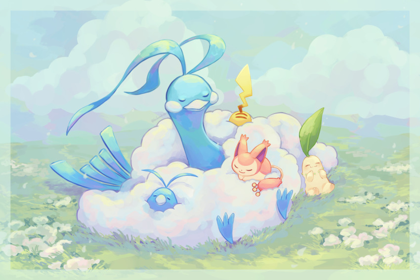 altaria border chikorita closed_eyes closed_mouth commentary_request day gen_1_pokemon gen_2_pokemon gen_3_pokemon grass lying nintendo no_humans on_stomach outdoors pikachu pokemon pokemon_(creature) s_(happycolor_329) skitty sleeping swablu