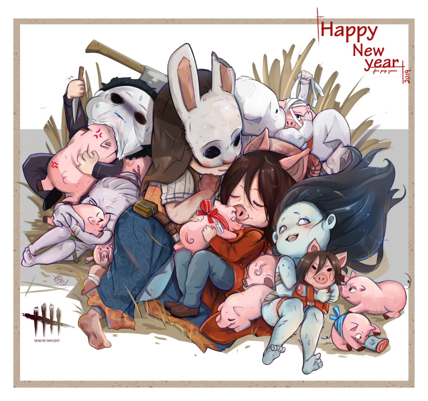 1boy 5girls akai_(date_good) amanda_young anger_vein axe bandages barefoot black_hair blank_eyes blood blood_on_hands blush border brown_footwear brown_hair chinese_zodiac copyright_name dead_by_daylight detached_arm halloween_(movie) happy_new_year highres mask michael_myers multiple_girls new_year open_mouth pig_mask piglet rabbit_mask saw_(movie) smile sweatdrop the_hag_(dead_by_daylight) the_huntress_(dead_by_daylight) the_nurse_(dead_by_daylight) the_spirit_(dead_by_daylight) year_of_the_pig