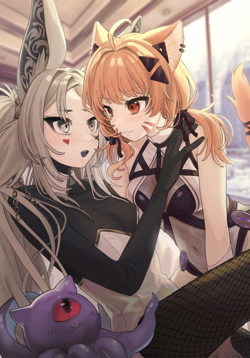 2girls :3 :d absurdres ahoge alheitrakzoth animal_ear_fluff animal_ears bare_shoulders between_legs black_ribbon blurry blurry_background blush bodystocking breasts cat_ears cat_girl cat_tail chain chest_harness cleavage closed_mouth colored_tongue commentary_request covered_navel creature detached_collar dot_nose dyarikku_(vtuber) ear_piercing facial_mark fishnet_pantyhose fishnets fox_ears fox_girl gloves gold_trim grey_eyes grey_hair hair_intakes hair_ornament hair_ribbon halterneck hand_between_legs hand_on_another&#039;s_shoulder hand_up harness heart heart_facial_mark hexagon_print highres indie_virtual_youtuber indoors knee_up leaning_forward leotard long_hair looking_at_another looking_up low_twintails medium_breasts multiple_girls open_mouth orange_hair pale_skin pantyhose parted_bangs piercing purple_tongue raised_eyebrows reclining red_eyes ribbon see-through_cleavage see-through_clothes see-through_leotard short_eyebrows shyrei_faolan sidelocks smile tail tanupon thick_eyelashes triangle_hair_ornament twintails v-shaped_eyebrows very_long_hair virtual_youtuber white_gloves white_leotard window x x_facial_mark yuri