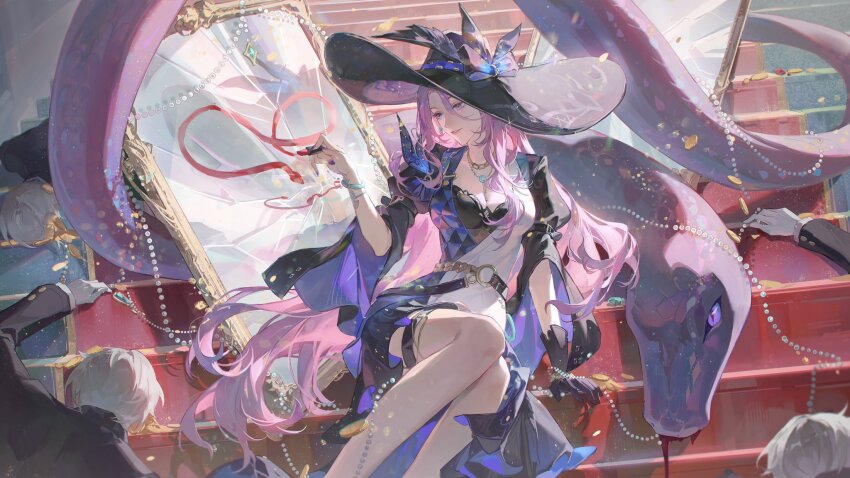 1girl black_bra black_gloves black_hat blue_eyes bow bra bra_peek breasts chain chain_bracelet chain_necklace cosmetics dress gloves hat hat_bow hat_feather highres holding holding_lipstick_tube honkai:_star_rail honkai_(series) jade_(honkai:_star_rail) jewelry large_breasts large_hat lipstick_tube long_hair mirror necklace pink_hair purple_nails smile smusmuye snake stairs two-tone_dress underwear