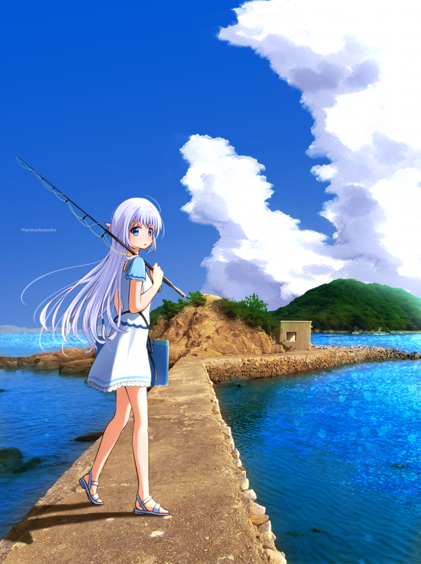 1girl blue_eyes blue_sky blue_sleeves cloud commentary_request cumulonimbus_cloud day dress eyebrows_hidden_by_hair fishing_rod floating_hair frilled_dress frills from_side full_body gomasho_asuka hair_between_eyes hand_up highres holding holding_fishing_rod island long_hair looking_at_viewer naruse_shiroha ocean outdoors over_shoulder parted_lips photo_background short_dress short_sleeves sky solo standing straight_hair summer summer_pockets twitter_username very_long_hair white_dress white_hair wind