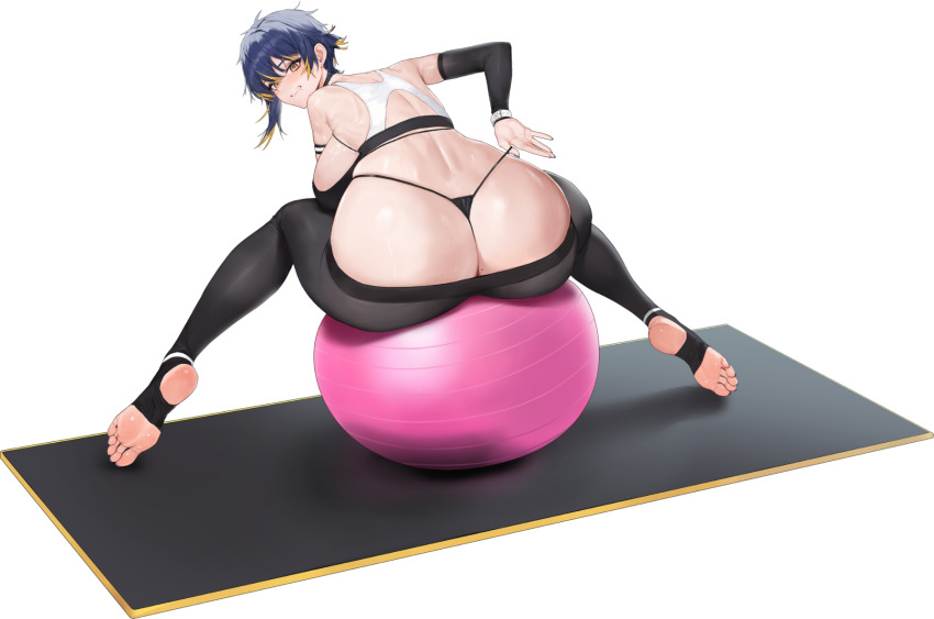 1girl ass breasts feet highres huge_ass large_breasts last_origin official_art panties pants short_hair soles sports_bra sportswear sterling_(last_origin) string_panties thong toeless_legwear toes yoga_pants