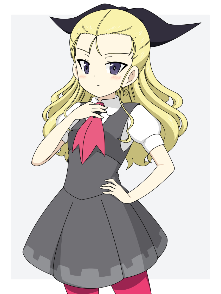 1girl ascot assam_(girls_und_panzer) black_ribbon blonde_hair blue_eyes closed_mouth cosplay cowboy_shot dress dress_shirt girls_und_panzer grey_background grey_dress hair_pulled_back hair_ribbon hand_on_own_chest hand_on_own_hip highres ichinose_jun light_frown long_hair looking_at_viewer nintendo pantyhose pinafore_dress pleated_dress pokemon pokemon_oras puffy_short_sleeves puffy_sleeves red_ascot red_pantyhose ribbon roxanne_(pokemon) roxanne_(pokemon)_(cosplay) shirt short_sleeves sleeveless sleeveless_dress solo standing white_shirt