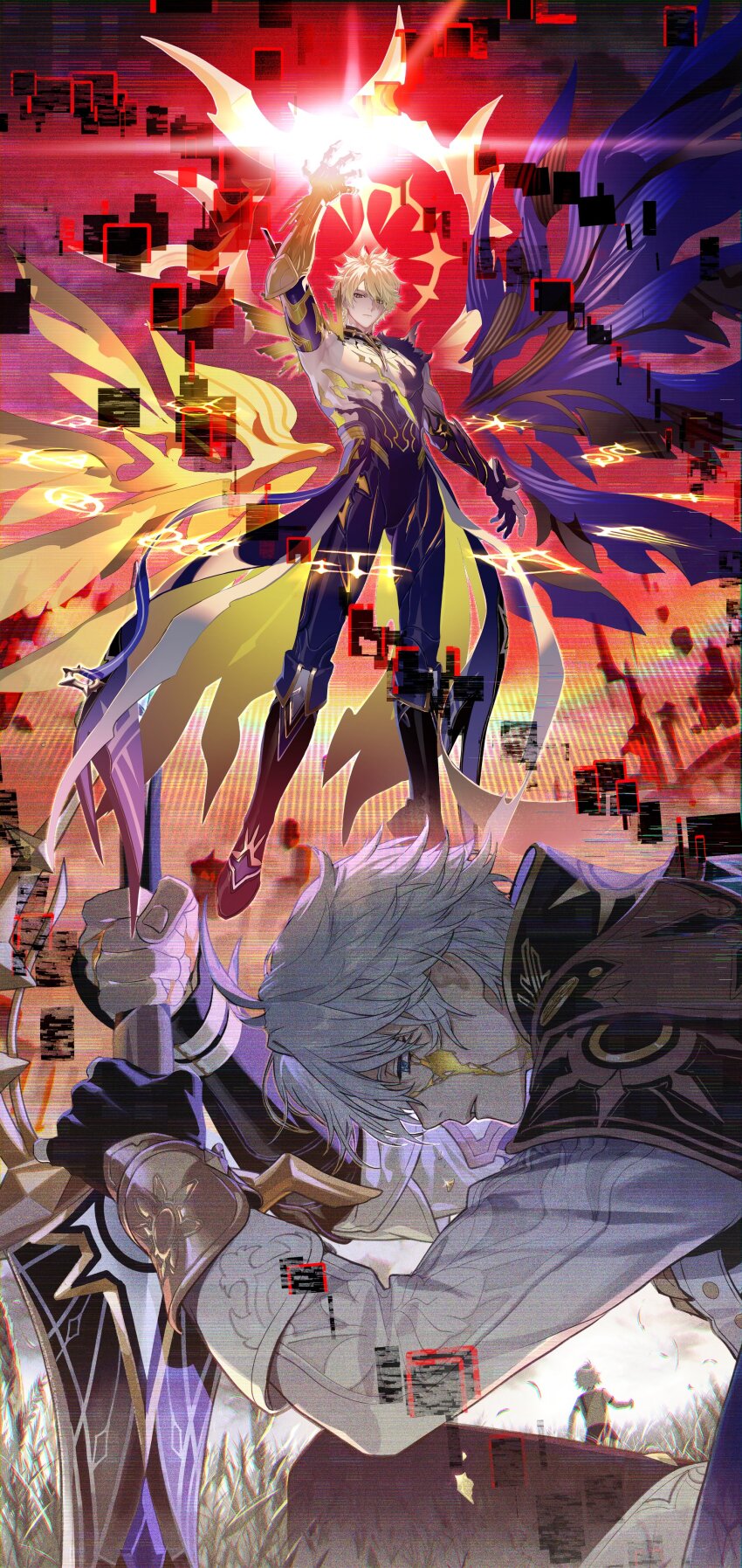 2boys absurdres alternate_form antenna_hair arm_up asymmetrical_wings black_gloves black_shirt black_wings blonde_hair blood blood_on_face blue_cape blue_eyes cape coat cracked_skin fingerless_gloves gloves gr_giri hair_between_eyes halo halo_behind_head hand_up hashtag-only_commentary highres holding holding_sword holding_weapon honkai:_star_rail honkai_(series) material_growth multiple_boys phainon_(honkai:_star_rail) shirt short_hair single_glove sword torn_clothes torn_shirt weapon white_coat white_hair wings yellow_blood yellow_eyes yellow_wings