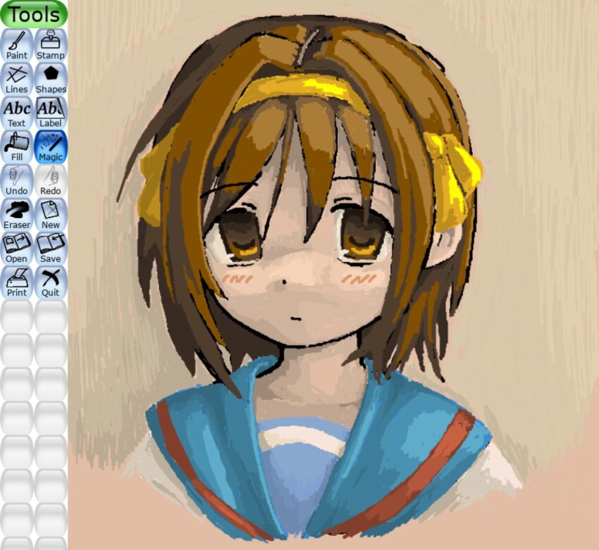 1girl 2000s_(style) art_program_in_frame blue_sailor_collar blush brown_eyes brown_hair commentary cropped_shoulders hairband kita_high_school_uniform looking_at_viewer ribbon sailor_collar school_uniform serafuku short_hair solo suzumiya_haruhi suzumiya_haruhi_no_yuuutsu tuxpaint_(medium) tuxpaint_(software) winter_uniform yellow_hairband zoolpal