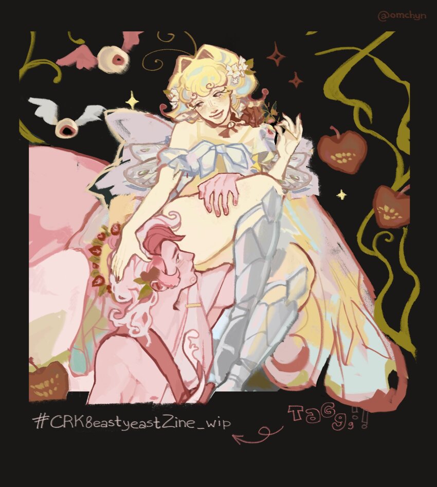1boy 1girl angel_wings armored_boots boots butterfly_wings colored_skin cookie_run cookie_run:_kingdom halo highres insect_wings leotard long_hair looking_at_another multicolored_hair omchyn pavlova_cookie red_hair sugarfly_cookie two-tone_hair white_hair wings yellow_leotard yellow_skin