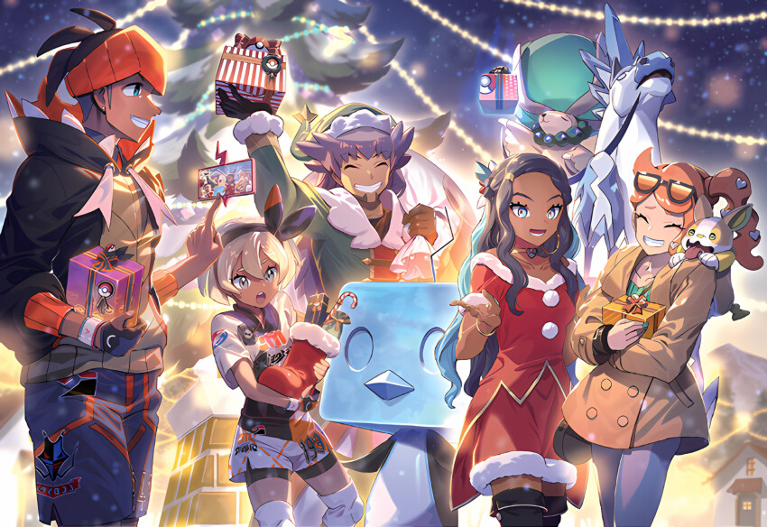 2boys 3girls arm_up bea_(pokemon) black_bodysuit black_hair black_hairband black_hoodie blue_eyes blue_eyeshadow blue_hair blurry bodysuit bodysuit_under_clothes bow_hairband box bracelet brown_coat buttons calyrex calyrex_(rider) candy candy_cane christmas christmas_tree coat collared_shirt commentary_request dark-skinned_female dark-skinned_male dark_skin dress dynamax_band earrings eiscue eiscue_(ice) eyeshadow eyewear_on_head facial_hair food gen_4_pokemon gen_8_pokemon gift gift_box glastrier gloves green_nails green_shirt grey_eyes grin hair_between_eyes hair_ornament hairband hat headband heart heart_hair_ornament highres holding hood hoodie jewelry knee_pads legendary_pokemon leon_(holiday_2021)_(pokemon) leon_(pokemon) long_hair makeup multicolored_hair multiple_boys multiple_girls nail_polish nessa_(holiday_2021)_(pokemon) nessa_(pokemon) night nintendo official_alternate_costume official_art on_shoulder open_mouth orange_hair orange_headband outdoors pants partially_fingerless_gloves pokemon pokemon_(creature) pokemon_masters_ex pokemon_on_shoulder pokemon_swsh print_shirt print_shorts purple_hair raihan_(pokemon) ribbed_shirt rotom rotom_phone santa_costume santa_dress santa_hat shirt short_hair short_sleeves shorts side_ponytail side_slit side_slit_shorts single_glove sky smile sonia_(pokemon) star_(sky) sunglasses teeth thighhighs third-party_source tongue two-tone_hair undercut upper_teeth_only yamper zounose