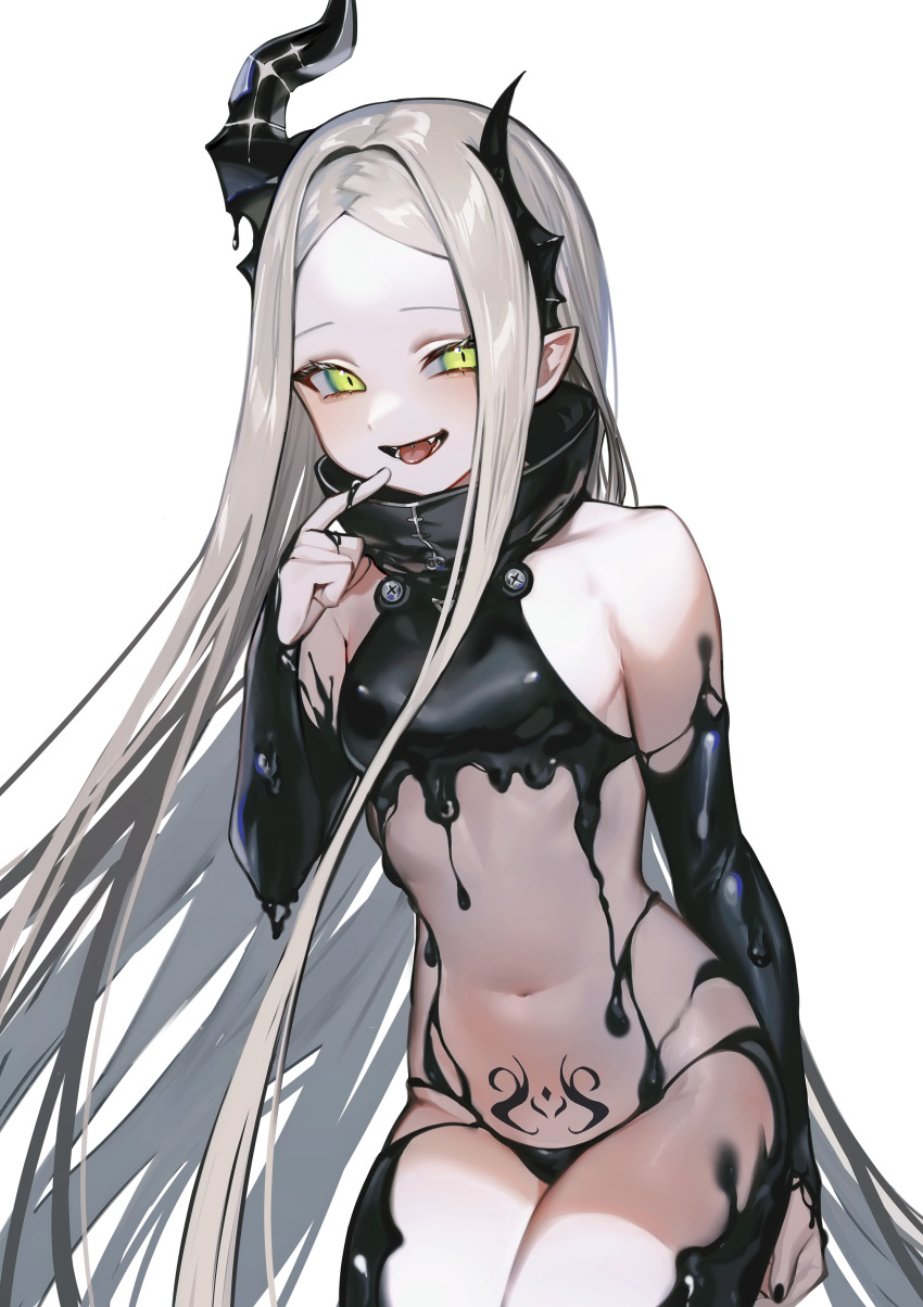 1girl absurdres albino_(a1b1n0623) bare_shoulders black_horns black_liquid black_nails breasts fang goddess_of_victory:_nikke green_eyes grey_hair highres horns leviathan_(nikke) liquid_clothes looking_at_viewer navel open_mouth piercing pointy_ears pubic_tattoo simple_background small_breasts tattoo thighs tongue tongue_out tongue_piercing white_background