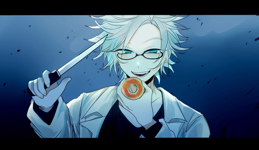 1boy black_shirt blue_eyes coat donut food glasses grin highres holding holding_food holding_knife holding_weapon kanou_aogu knife lab_coat lemijiang letterboxed long_sleeves male_focus open_clothes open_coat open_mouth saibou_shinkyoku shirt short_hair smile solo weapon white_hair