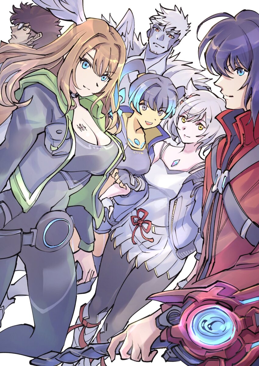 3boys 3girls animal_ear_fluff animal_ears black_bodysuit black_choker black_hair black_jacket black_sports_bra blue_eyes blue_hair bodysuit breast_tattoo breasts brown_eyes brown_hair cat_ears chest_jewel choker cleavage colored_skin crop_top dark-skinned_male dark_skin eunie_(xenoblade) fiery_hair fingerless_gloves glasses gloves glowing_lines glowing_markings grey_hair grey_skin head_wings highres holding hood jacket lanz_(xenoblade) large_breasts long_hair looking_at_viewer medium_hair mio_(xenoblade) multicolored_hair multiple_boys multiple_girls noah_(xenoblade) open_clothes orange_scarf red_jacket scarf sena_(xenoblade) shirt short_hair shorts side_ponytail simple_background skirt small_breasts smile sports_bra taion_(xenoblade) tank_top tattoo thighhighs ug333333 weapon white_hair white_jacket white_skirt white_wings wings xenoblade_chronicles_(series) xenoblade_chronicles_3 yellow_eyes