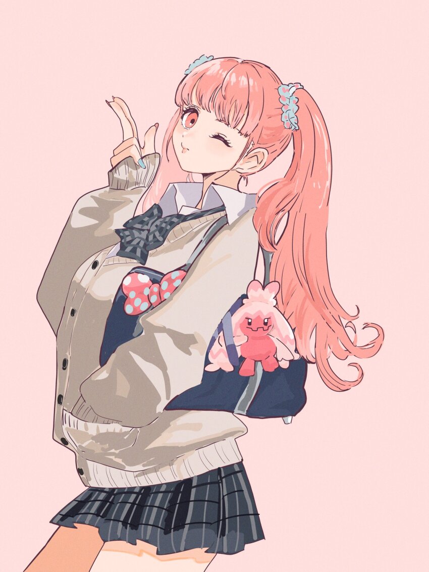 1girl bag beige_cardigan blue_nail_polish bow bowtie buttons cardigan chimney_(chimney0311) collared_shirt doll fire_emblem fire_emblem:_three_houses gen_9_pokemon hand_in_pocket handbag highres hilda_valentine_goneril nail_polish nintendo one_eye_closed pink_background pink_hair plaid_clothes plaid_skirt pleated_skirt pocket pokemon pokemon_sv scrunchie shirt simple_background skirt solo sweater tinkaton twintails