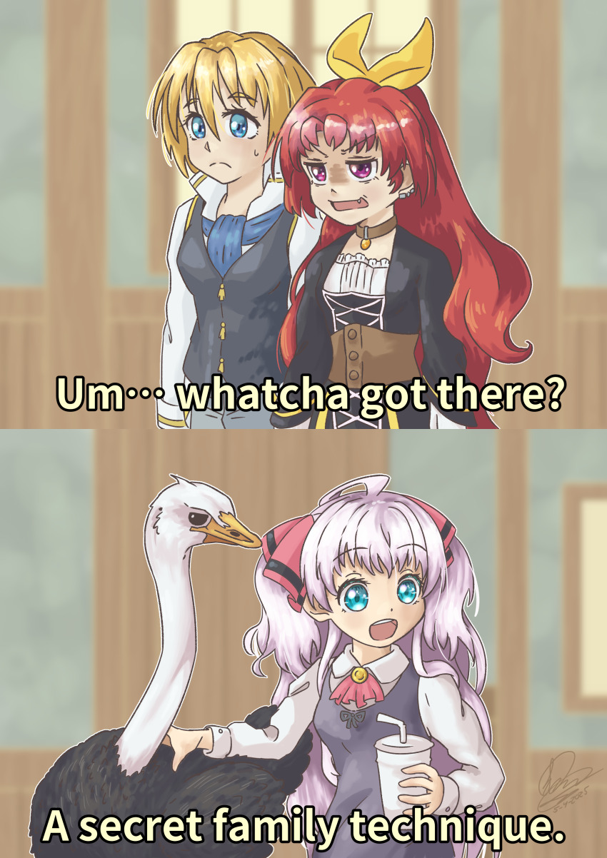 2koma 3girls absurdres animal annoyed arms_at_sides bird black_dress black_vest blonde_hair blue_eyes clueless comic drawerscabinets dress ear_piercing english_text eyebrows_hidden_by_hair female_focus hair_ribbon highres icarly indoors long_hair mavis_von_austien mile_(noukin) multiple_girls ostrich petite piercing purple_dress purple_eyes red_hair reina_(noukin) ribbon scene_reference shirt short_hair sleeveless sleeveless_dress tomboy upper_body vest watashi_nouryoku_wa_heikinchi_de_tte_itta_yo_ne! white_shirt yellow_ribbon