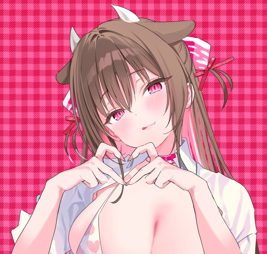 1girl :q absurdres animal_ears animal_print bikini blush breasts brown_hair cleavage collar cow_ears cow_girl cow_horns cow_print cube_hair_ornament fang gingham_background hair_between_eyes hair_ornament hair_ribbon heart heart_hands highres horns large_breasts long_hair looking_at_viewer meat_hair_ornament nail_polish nikuya_(nikuniku_nikuya) open_clothes open_shirt original pink_collar pink_nails red_ribbon ribbon shirt skin_fang solo swimsuit tongue tongue_out upper_body white_bikini white_shirt