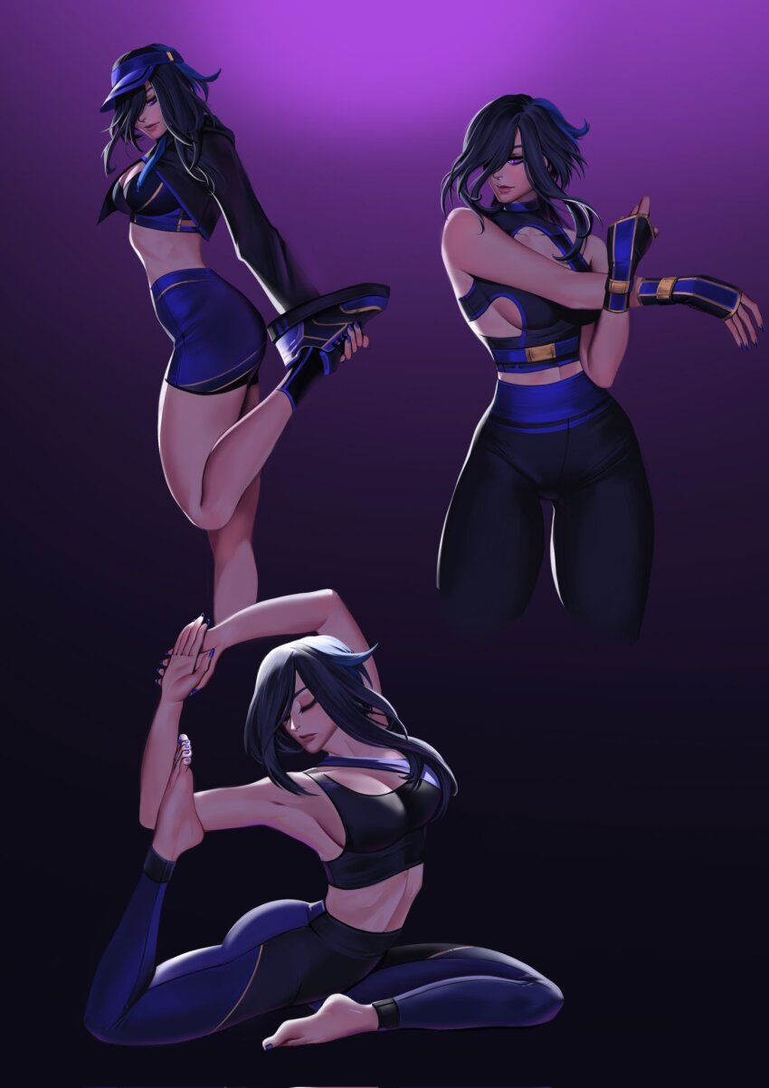 1girl barefoot bike_shorts black_pants black_sports_bra blue_hair blue_nails blue_pants breasts clorinde_(genshin_impact) commentary dark_blue_hair english_commentary exercising flexible genshin_impact gradient_background hair_over_one_eye highres large_breasts lips long_hair lunart multiple_views pants pigeon_pose purple_background purple_eyes sports_bra stretching two-tone_pants visor_cap yoga yoga_pants