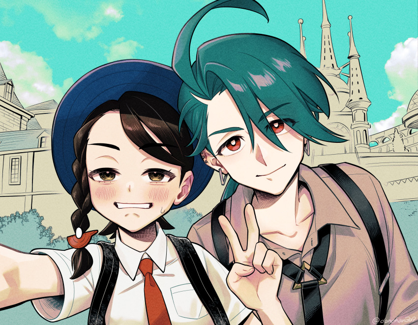 2girls absurdres black_hair braid brown_eyes castle collarbone creatures_(company) ear_piercing earrings eyes_visible_through_hair flat_chest game_freak green_hair hat highres jewelry juliana_(pokemon) matsugi_zuntaro multiple_girls naranja_academy_school_uniform necktie nintendo piercing pokemon pokemon_sv ponytail red_eyes red_necktie reverse_trap rika_(pokemon) school_uniform selfie side_braid suspenders sweatdrop v