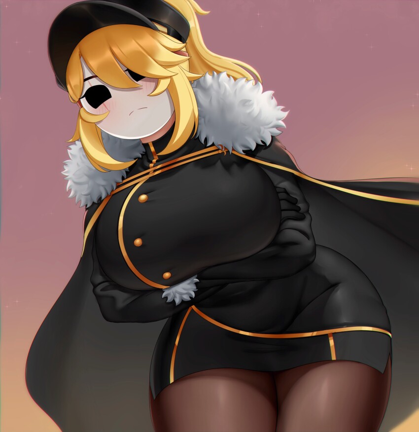 1girl 2024 absurdres alternate_costume annoyed arms_under_breasts black_cape black_dress black_gloves black_hat blonde_hair blush borrowed_character breasts brown_pantyhose cape commentary commission cowboy_shot crossed_arms dress english_commentary female_focus foreshortening from_below frown fur-trimmed_cape fur-trimmed_sleeves fur_trim gloves gold_trim hair_over_one_eye hat highres huge_breasts large_breasts leaning_forward legs_together locket_white_(bakalorin) long_sleeves looking_at_viewer mario_(series) military_hat nintendo original pantyhose purple_sky shy_gal sky solo swept_bangs thick_thighs thighs turtleneck turtleneck_dress twilight white_mask yuulis27