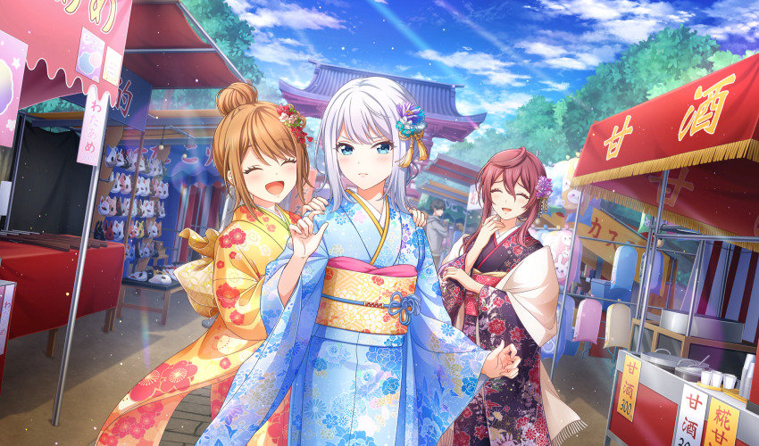 3girls :d ^_^ blue_eyes blue_kimono blush brown_hair cinderella_series closed_eyes closed_mouth cloud film_grain floral_print floral_print_kimono game_cg hachigatsu_no_cinderella_nine hair_between_eyes hair_bun hair_ornament hair_up hands_on_another&#039;s_shoulders highres honjo_chikage japanese_clothes kimono kusakari_runa light_particles light_rays looking_at_another medium_hair multiple_girls nitta_minako non-web_source obi official_alternate_hairstyle official_art open_mouth outdoors print_kimono purple_hair sash shy single_hair_bun sky smile standing sunbeam sunlight white_hair yellow_kimono